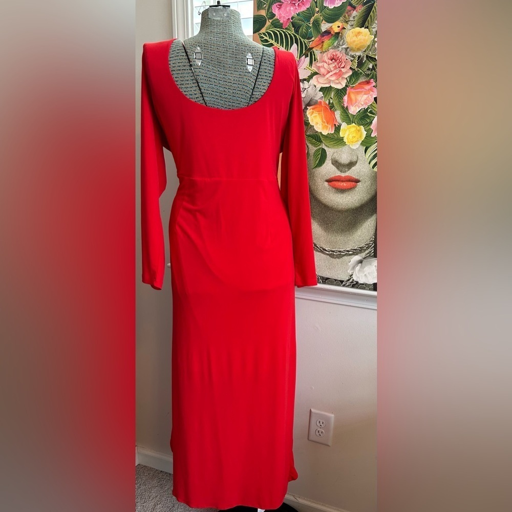 ELOQUII RED JERSEY ASYMMETRICAL SHIRRED LONG SLEEVE DRESS, GOLD DETAILING Sz. 20 - Picture 4 of 5